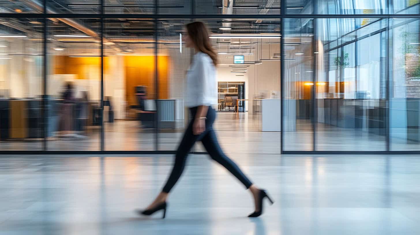 Mujer con blusa blanca y pantalones oscuros caminando con paso decidido en un entorno de oficina moderna con paredes de vidrio. La imagen muestra un efecto de desenfoque por movimiento, transmitiendo dinamismo y profesionalismo.