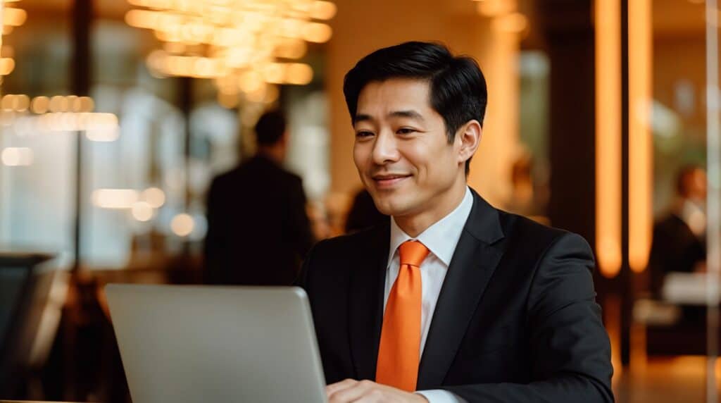 Professional lawyer in a modern office smiling while working on his laptop, optimizing legal processes with Legaltech tools.