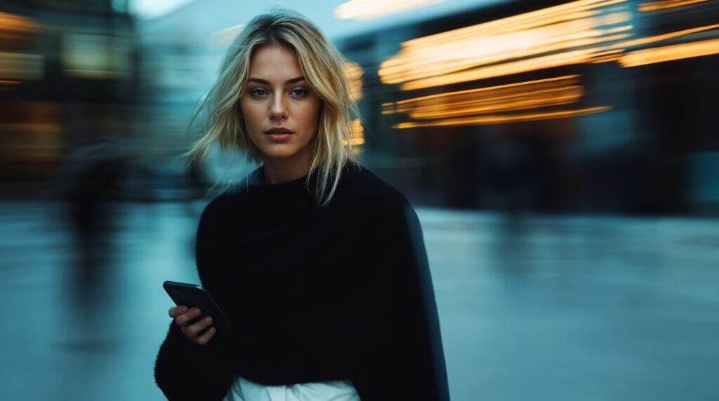 Mujer rubia con un smartphone en la mano, en un entorno urbano con luces desenfocadas, simbolizando el ritmo acelerado del mundo de la IA y la creación de GPTs personalizados.