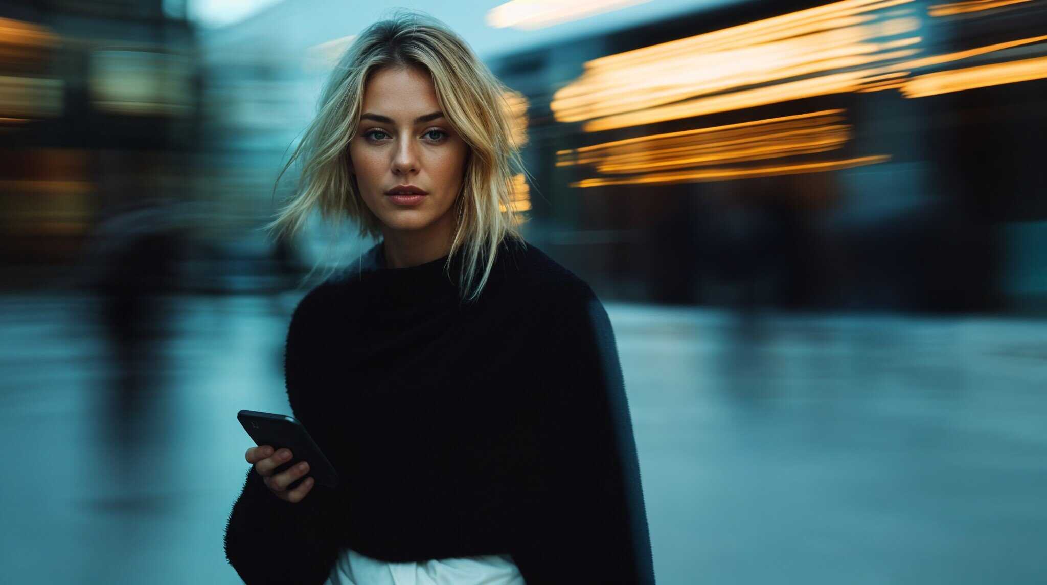 Mujer rubia con un smartphone en la mano, en un entorno urbano con luces desenfocadas, simbolizando el ritmo acelerado del mundo de la IA y la creación de GPTs personalizados.